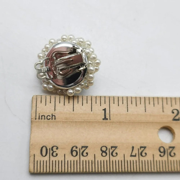 Japan Signed Blue Crystal Bead Faux Pearl Cluster Clip Vintage Earrings - Picture 4 of 4